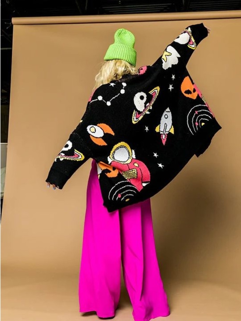 Dressed in LALA Outerspace Oversize Open Front Cardigan in Black Space - L/XL